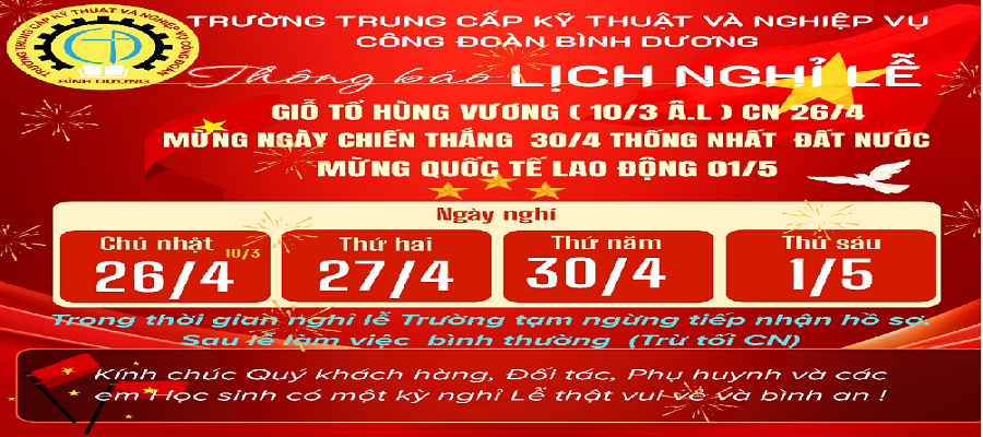 <p style="text-align:center"><span style="font-size:36px"><span style="color:#FF0000">THÔNG BÁO LỊCH NGHỈ LỄ</span></span></p>